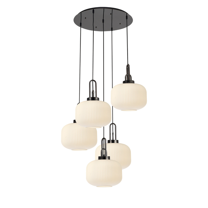 Idolite Camille 2.5m Round Pendant, 5 x E27, Black Chrome/Matt Black With 30cm Pumpkin Shaped Ribbed Opal Glass