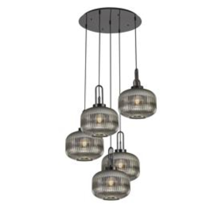 Idolite Camille 2.5m Round Pendant, 5 x E27, Black Chrome/Matt Black With 30cm Pumpkin Shaped Ribbed Smoked Glass