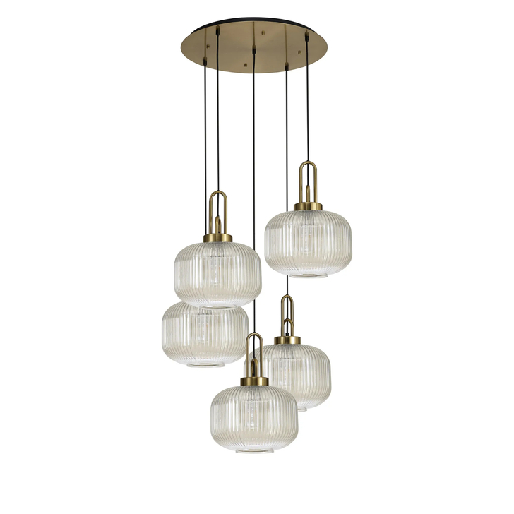 Idolite Camille 2.5m Round Pendant, 5 x E27, Brass Gold/Matt Black With 30cm Pumpkin Shaped Ribbed Champagne Glass