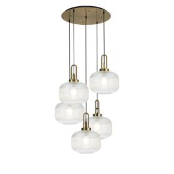 Idolite Camille 2.5m Round Pendant, 5 x E27, Brass Gold/Matt Black With 30cm Pumpkin Shaped Ribbed Clear Glass