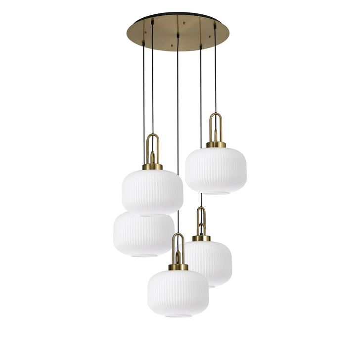 Idolite Camille 2.5m Round Pendant, 5 x E27, Brass Gold/Matt Black With 30cm Pumpkin Shaped Ribbed Opal Glass