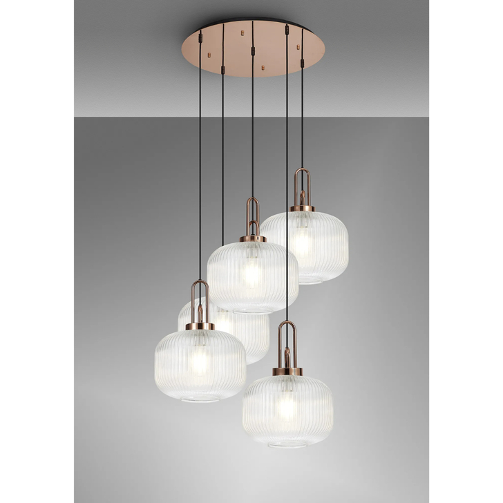 Idolite Camille 2.5m Round Pendant, 5 x E27, Copper/Matt Black With 30cm Pumpkin Shaped Ribbed Clear Glass