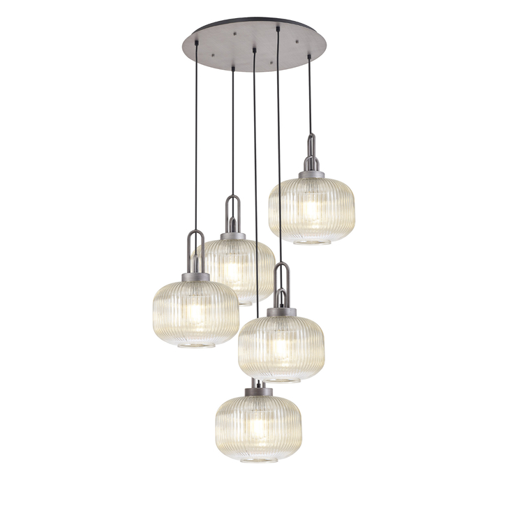 Idolite Camille 2.5m Round Pendant, 5 x E27, Pewter/Matt Black With 30cm Pumpkin Shaped Ribbed Champagne Glass