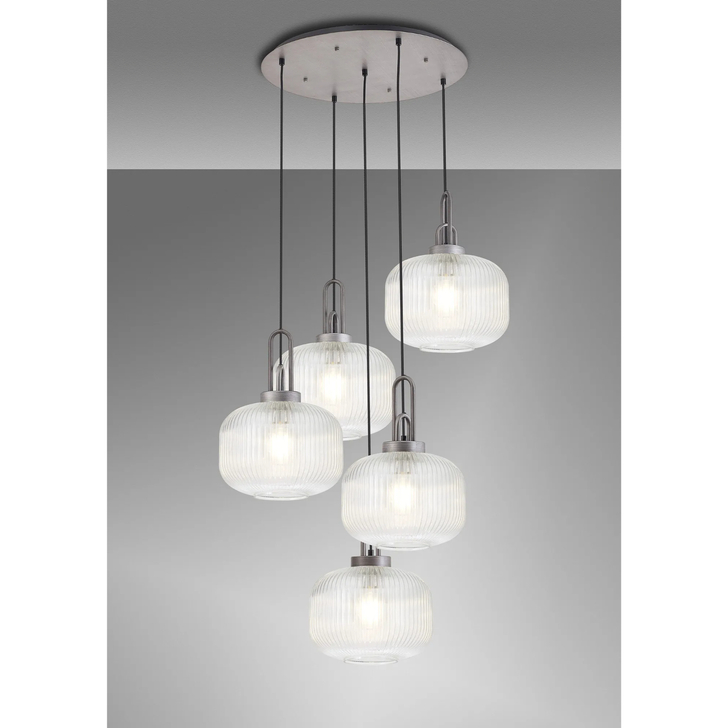 Idolite Camille 2.5m Round Pendant, 5 x E27, Pewter/Matt Black With 30cm Pumpkin Shaped Ribbed Clear Glass