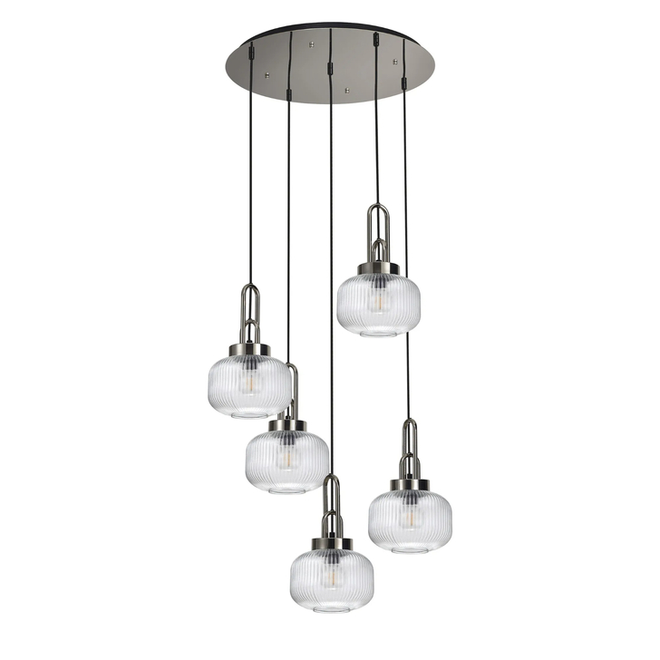 Idolite Camille 2.5m Round Pendant, 5 x E27, Polished Nickel/Matt Black With 20cm Pumpkin Shaped Ribbed Clear Glass