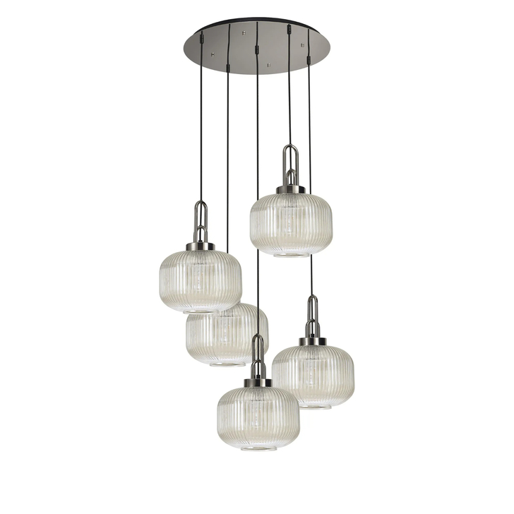 Idolite Camille 2.5m Round Pendant, 5 x E27, Polished Nickel/Matt Black With 30cm Pumpkin Shaped Ribbed Champagne Glass