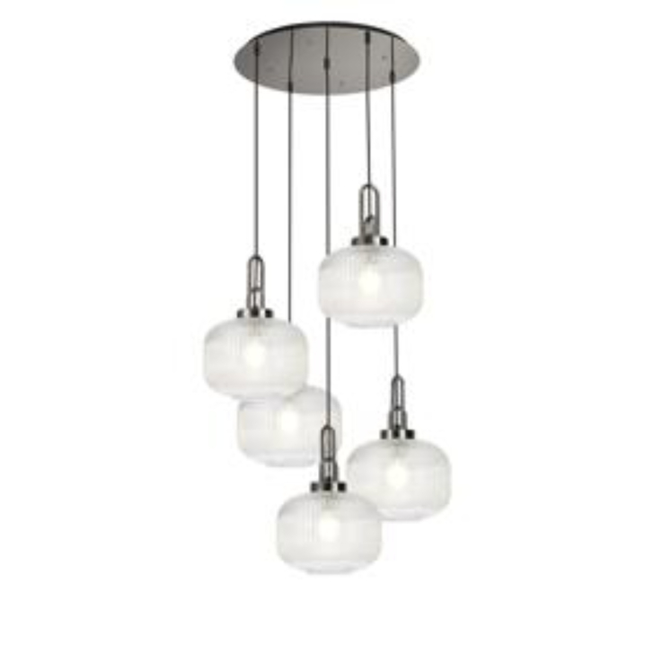 Idolite Camille 2.5m Round Pendant, 5 x E27, Polished Nickel/Matt Black With 30cm Pumpkin Shaped Ribbed Clear Glass