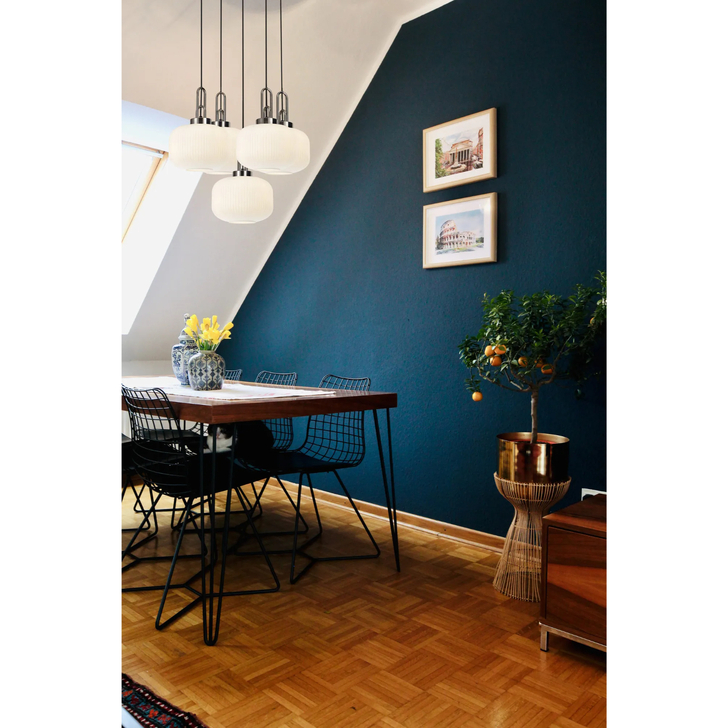 Idolite Camille 2.5m Round Pendant, 5 x E27, Polished Nickel/Matt Black With 30cm Pumpkin Shaped Ribbed Opal Glass