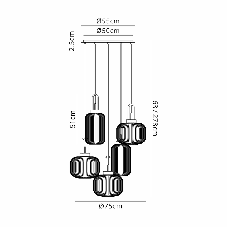 Idolite Camille 2.5m Round Pendant 5 x E27 With Various Glasses, Black Chrome