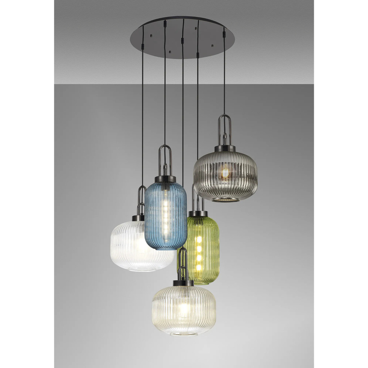 Idolite Camille 2.5m Round Pendant 5 x E27 With Various Glasses, Black Chrome