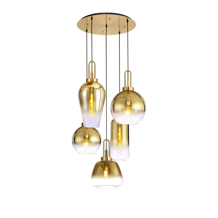 Idolite Camille 2.5m Round Pendant 5 x E27 With Various Glasses, Brass Gold/Matt Black