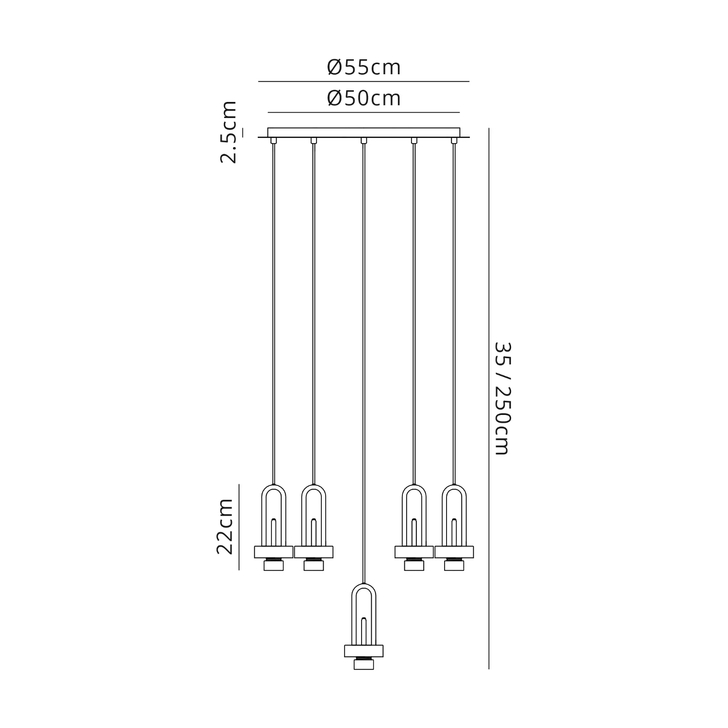 Idolite Camille 2.5m Round Suspension Kit, 5 x E27, Aged Pewter/Matt Black