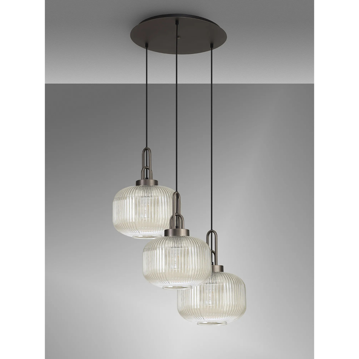 Idolite Camille 2m Round Pendant, 3 x E27, Antique Silver/Matt Black With 30cm Pumpkin Shaped Ribbed Champagne Glass