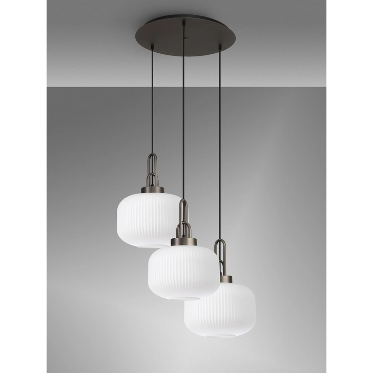 Idolite Camille 2m Round Pendant, 3 x E27, Antique Silver/Matt Black With 30cm Pumpkin Shaped Ribbed Opal Glass