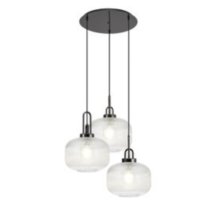 Idolite Camille 2m Round Pendant, 3 x E27, Black Chrome/Matt Black With 30cm Pumpkin Shaped Ribbed Clear Glass