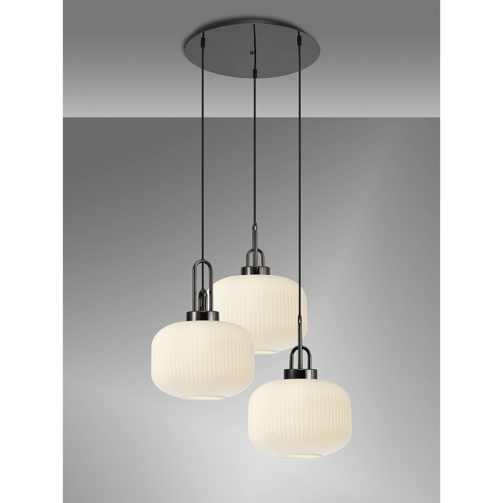 Idolite Camille 2m Round Pendant, 3 x E27, Black Chrome/Matt Black With 30cm Pumpkin Shaped Ribbed Opal Glass