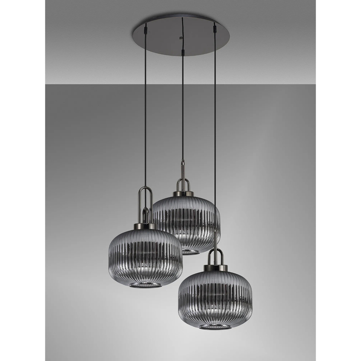 Idolite Camille 2m Round Pendant, 3 x E27, Black Chrome/Matt Black With 30cm Pumpkin Shaped Ribbed Smoked Glass