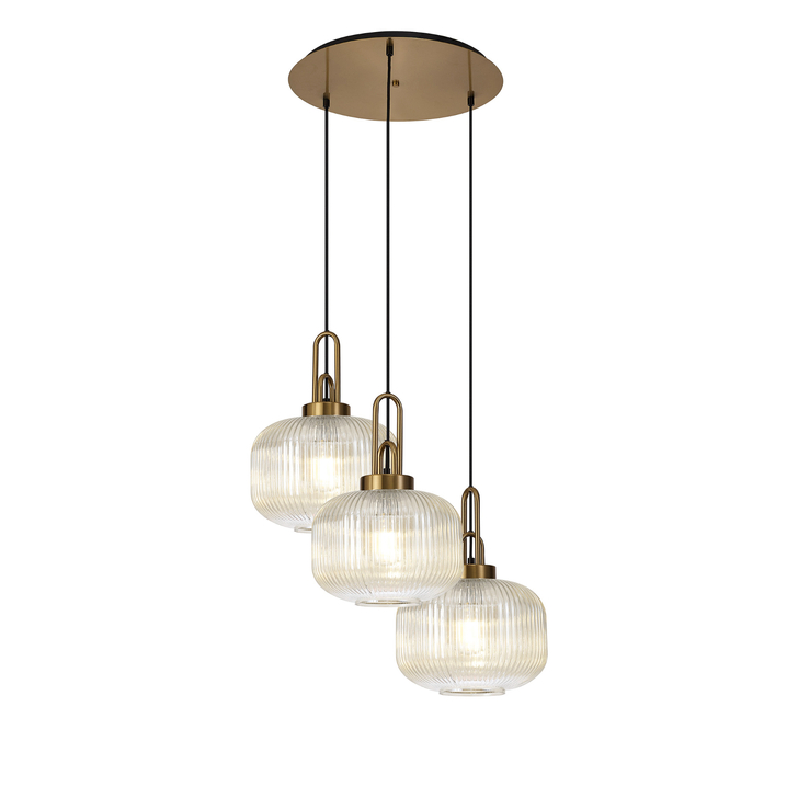 Idolite Camille 2m Round Pendant, 3 x E27, Brass Gold/Matt Black With 30cm Pumpkin Shaped Ribbed Champagne Glass