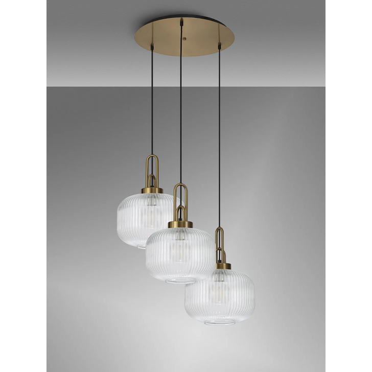 Idolite Camille 2m Round Pendant, 3 x E27, Brass Gold/Matt Black With 30cm Pumpkin Shaped Ribbed Clear Glass