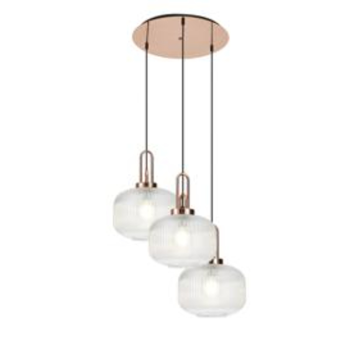 Idolite Camille 2m Round Pendant, 3 x E27, Copper/Matt Black With 30cm Pumpkin Shaped Ribbed Clear Glass