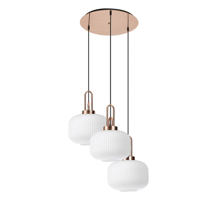 Idolite Camille 2m Round Pendant, 3 x E27, Copper/Matt Black With 30cm Pumpkin Shaped Ribbed Opal Glass