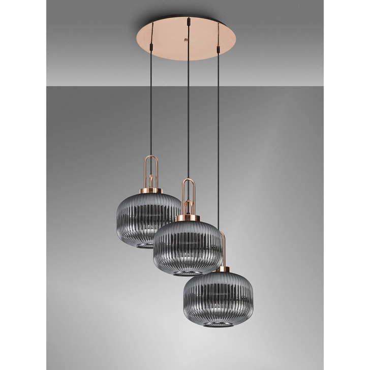 Idolite Camille 2m Round Pendant, 3 x E27, Copper/Matt Black With 30cm Pumpkin Shaped Ribbed Smoked Glass