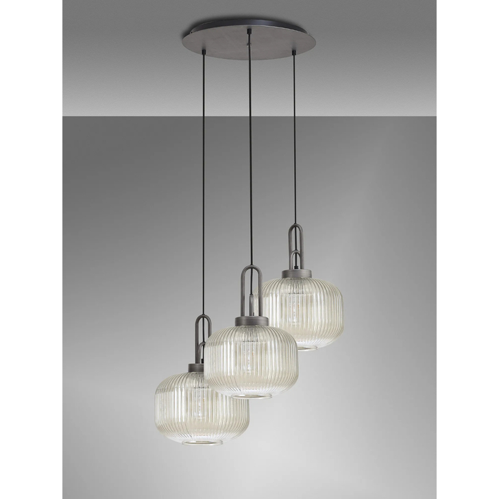 Idolite Camille 2m Round Pendant, 3 x E27, Pewter/Matt Black With 30cm Pumpkin Shaped Ribbed Champagne Glass