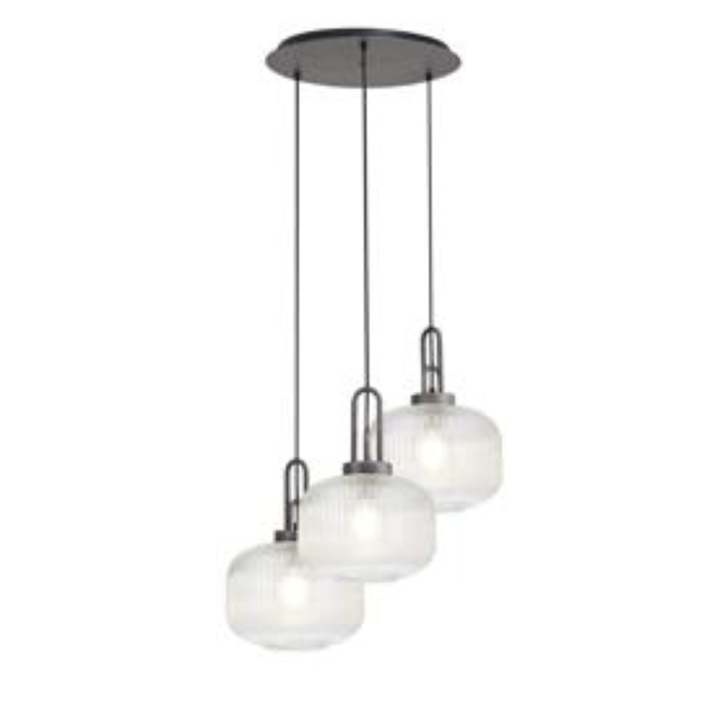 Idolite Camille 2m Round Pendant, 3 x E27, Pewter/Matt Black With 30cm Pumpkin Shaped Ribbed Clear Glass