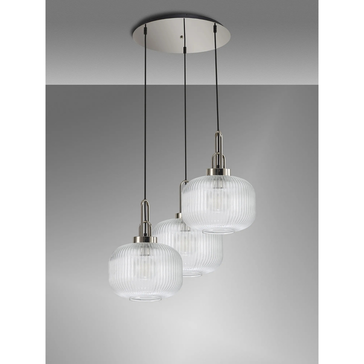 Idolite Camille 2m Round Pendant, 3 x E27, Polished Nickel/Matt Black With 30cm Pumpkin Shaped Ribbed Clear Glass