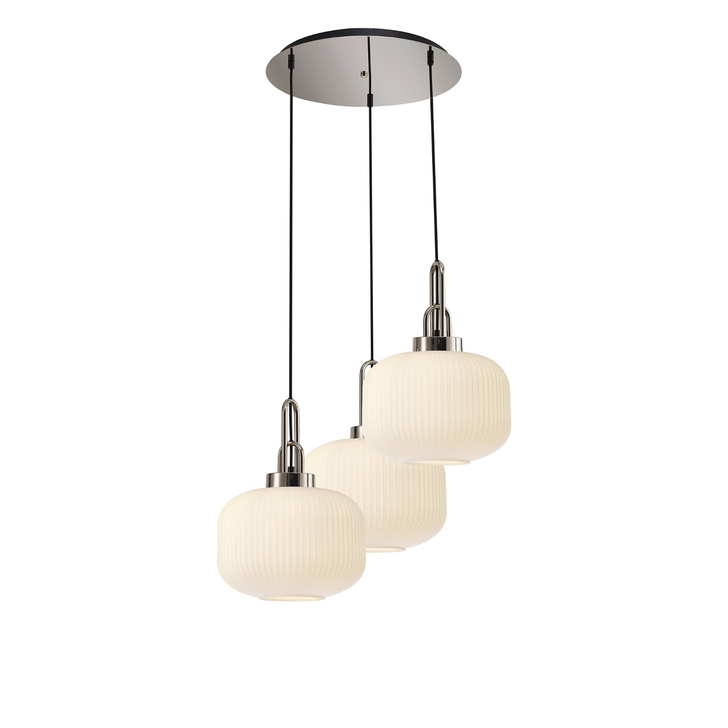 Idolite Camille 2m Round Pendant, 3 x E27, Polished Nickel/Matt Black With 30cm Pumpkin Shaped Ribbed Opal Glass