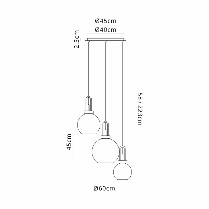 Idolite Camille 2m Round Pendant 3 x E27 With Various Glasses, Antique Silver/Smoked/Matt Black