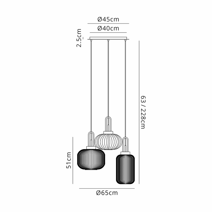 Idolite Camille 2m Round Pendant 3 x E27 With Various Glasses, Polished Nickel/Smoked/Matt Black