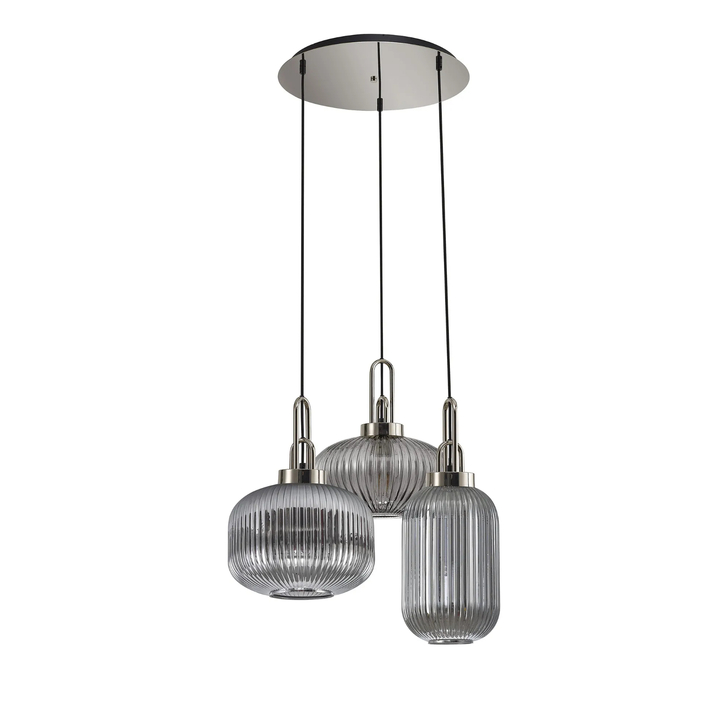 Idolite Camille 2m Round Pendant 3 x E27 With Various Glasses, Polished Nickel/Smoked/Matt Black