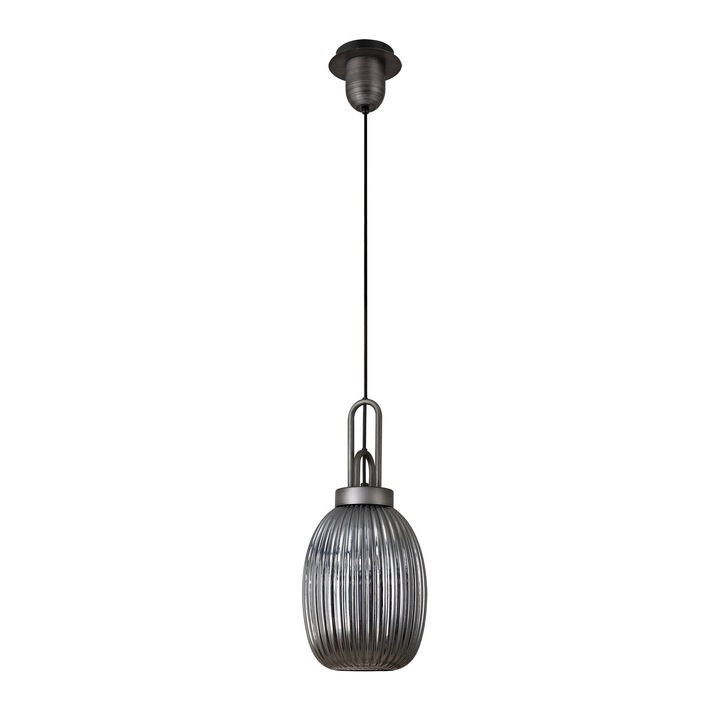 Idolite Camille Aged Pewter Single Pendant Light With Smoked Ribbed Glass