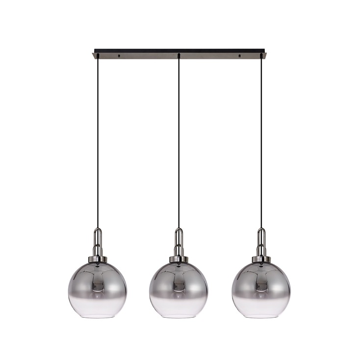 Idolite Camille Black Chrome 3 Light Linear Bar Pendant With Smoked/Clear Ombre Glass Globes