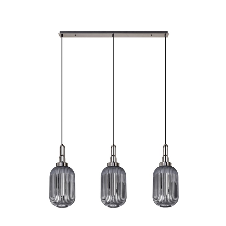 Idolite Camille Black Chrome 3 Light Linear Bar Pendant With Smoked Ribbed Glasses