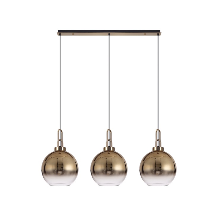 Idolite Camille Brass Gold 3 Light Linear Bar Pendant With Brass Gold/Clear Ombre Glass Globes