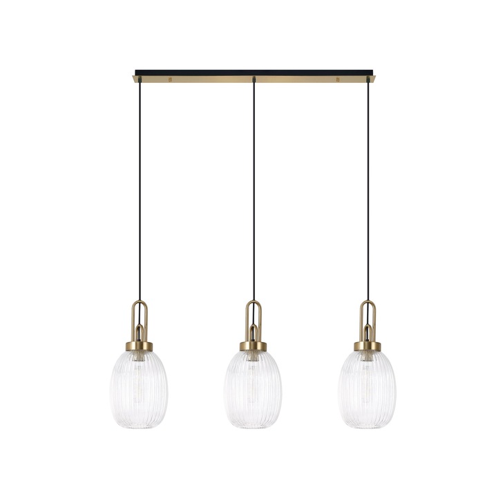 Idolite Camille Brass Gold 3 Light Linear Bar Pendant With Clear Ribbed Glasses