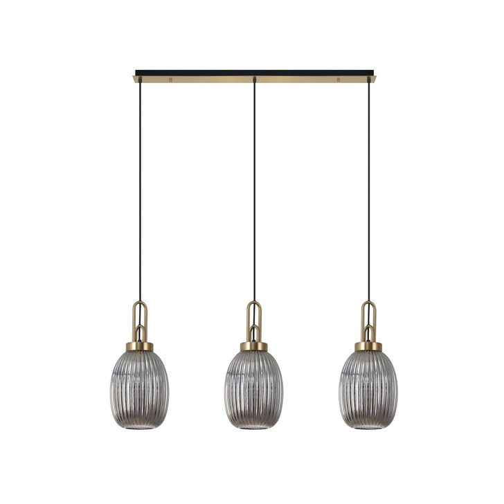 Idolite Camille Brass Gold 3 Light Linear Bar Pendant With Smoked Ribbed Glasses