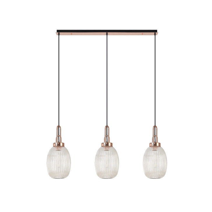 Idolite Camille Copper 3 Light Linear Bar Pendant With Champagne Ribbed Glasses