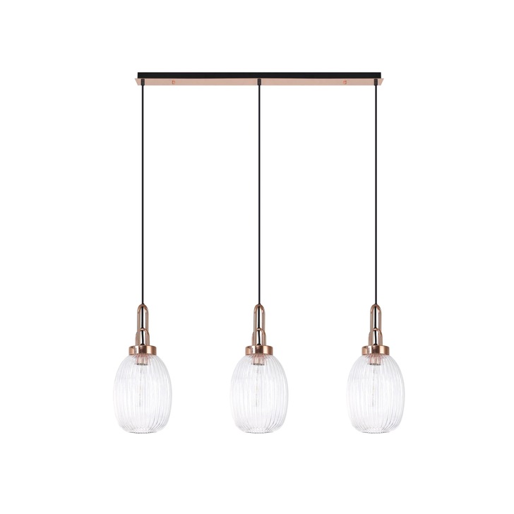 Idolite Camille Copper 3 Light Linear Bar Pendant With Clear Ribbed Glasses