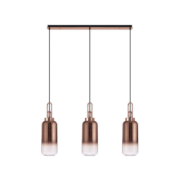 Idolite Camille Copper 3 Light Linear Bar Pendant With Copper/Clear Ombre Glasses