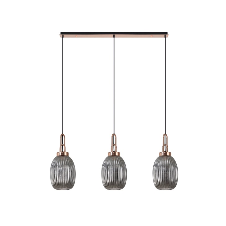 Idolite Camille Copper 3 Light Linear Bar Pendant With Smoked Ribbed Glasses