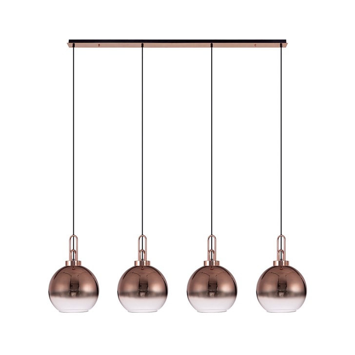 Idolite Camille Copper 4 Light Linear Bar Pendant With Copper/Clear Ombre Glass Globes