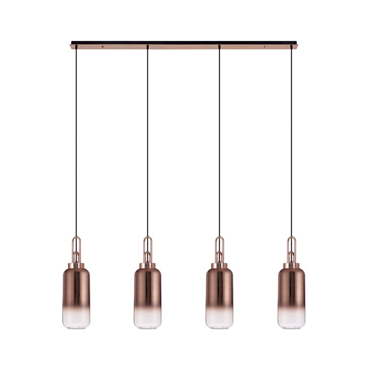 Idolite Camille Copper 4 Light Linear Bar Pendant With Copper/Clear Ombre Glasses