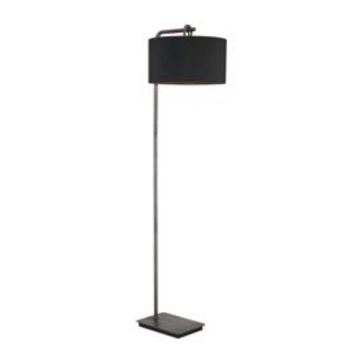 Idolite Camille Floor Lamp, 1 Light E27, Aged Pewter/Matt Black/Black 40x22cm Faux Silk Shade