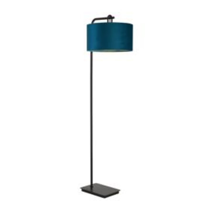 Idolite Camille Floor Lamp, 1 Light E27, Matt Black/Matt Black/Teal 40x22cm Velvet Shade