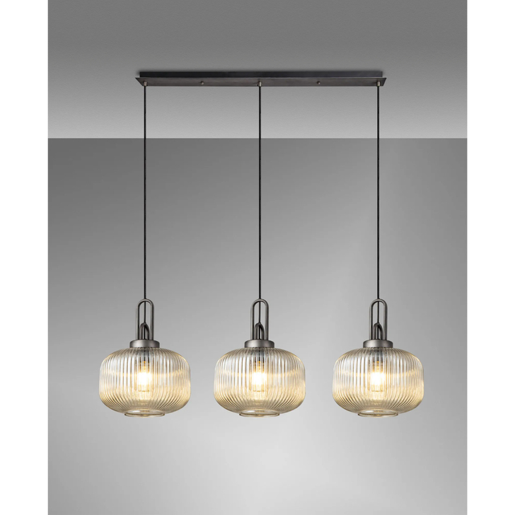 Idolite Camille Linear 3 Light Pendant E27, Aged Pewter/Matt Black With 30cm Pumpkin Shaped Ribbed Champagne Glass