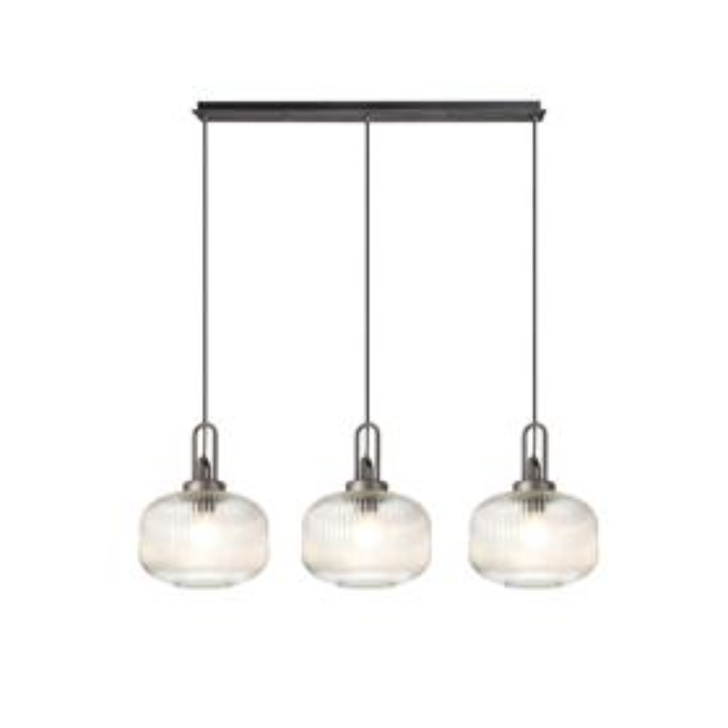 Idolite Camille Linear 3 Light Pendant E27, Aged Pewter/Matt Black With 30cm Pumpkin Shaped Ribbed Clear Glass