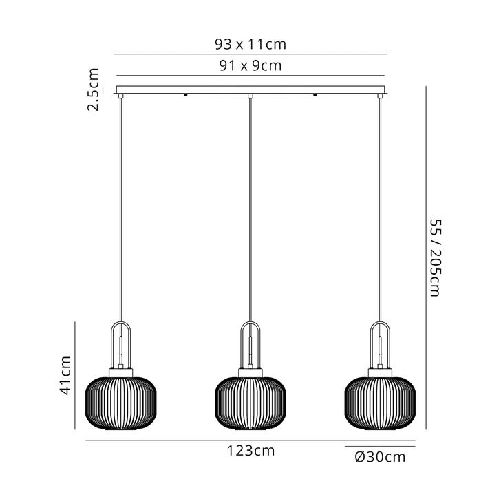 Idolite Camille Linear 3 Light Pendant E27, Antique Silver/Matt Black With 30cm Pumpkin Shaped Ribbed Opal Glass